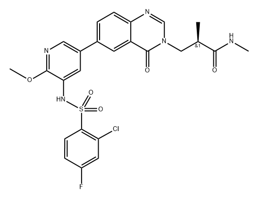 3(4H)-Quinazolinepropanamide, 6-[5-[[(2-chloro-4-fluorophenyl)sulfonyl]amino]-6-methoxy-3-pyridinyl]-N,α-dimethyl-4-oxo-, (αR)- Struktur