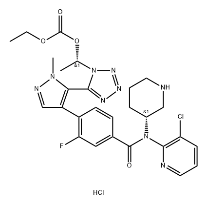 Carbonic acid, (1S)-1-[5-[4-[4-[[(3-chloro-2-pyridinyl)(3R)-3-piperidinylamino]carbonyl]-2-fluorophenyl]-1-methyl-1H-pyrazol-5-yl]-1H-tetrazol-1-yl]ethyl ethyl ester, hydrochloride (1:1) Struktur