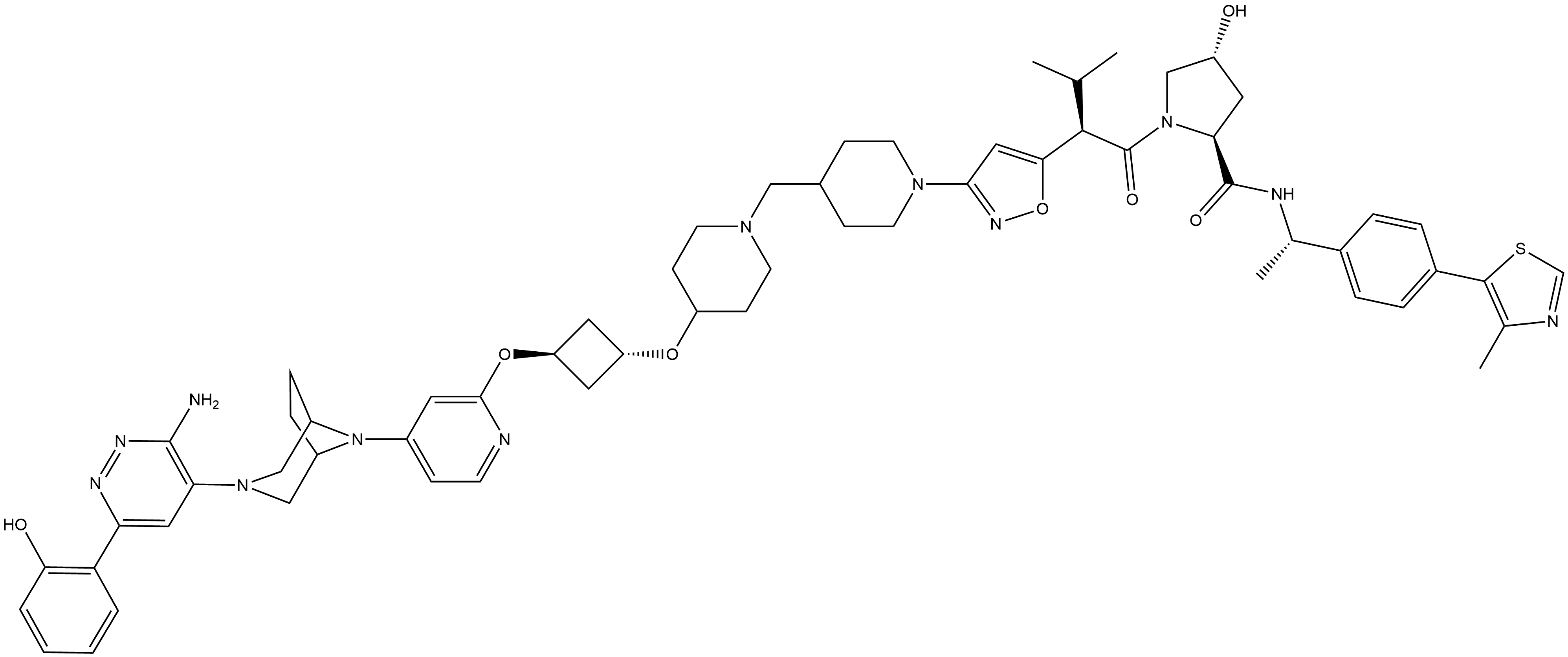 2-Pyrrolidinecarboxamide, 1-[(2R)-2-[3-[4-[[4-[[trans-3-[[4-[3-[3-amino-6-(2-hydroxyphenyl)-4-pyridazinyl]-3,8-diazabicyclo[3.2.1]oct-8-yl]-2-pyridinyl]oxy]cyclobutyl]oxy]-1-piperidinyl]methyl]-1-piperidinyl]-5-isoxazolyl]-3-methyl-1-oxobutyl]-4-hydroxy-N-[(1S)-1-[4-(4-methyl-5-thiazolyl)phenyl]ethyl]-, (2S,4R)- Struktur