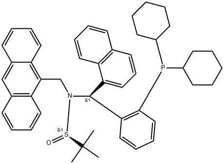 2-Propanesulfinamide, N-(9-anthracenylmethyl)-N-[(S)-[2-(dicyclohexylphosphino)phenyl]-1-naphthalenylmethyl]-2-methyl-, [S(R)]- Struktur