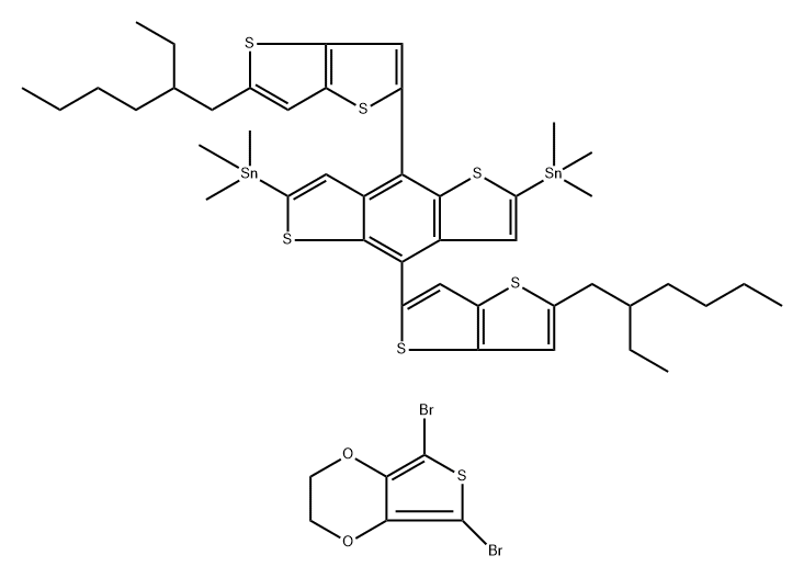 Stannane, 1,?1'-?[4,?8-?bis[5-?(2-?ethylhexyl)?thieno[3,?2-?b]?thien-?2-?yl]?benzo[1,?2-?b:4,?5-?b']?dithiophene-?2,?6-?diyl]?bis[1,?1,?1-?trimethyl-?, polymer with 5,?7-?dibromo-?2,?3-?dihydrothieno[3,?4-?b]?-?1,?4-?dioxin Struktur