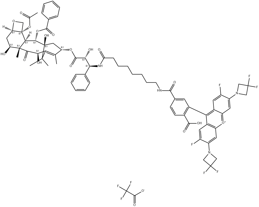 Xanthylium, 9-[5-[[[8-[[(1S,2R)-3-[[(2aR,4S,4aS,6R,9S,11S,12S,12aR,12bS)-12b-(acetyloxy)-12-(benzoyloxy)-2a,3,4,4a,5,6,9,10,11,12,12a,12b-dodecahydro-4,6,11-trihydroxy-4a,8,13,13-tetramethyl-5-oxo-7,11-methano-1H-cyclodeca[3,4]benz[1,2-b]oxet-9-yl]oxy]-2-hydroxy-3-oxo-1-phenylpropyl]amino]-8-oxooctyl]amino]carbonyl]-2-carboxyphenyl]-3,6-bis(3,3-difluoro-1-azetidinyl)-2,7-difluoro-, 2,2,2-trifluoroacetate (1:1) Struktur