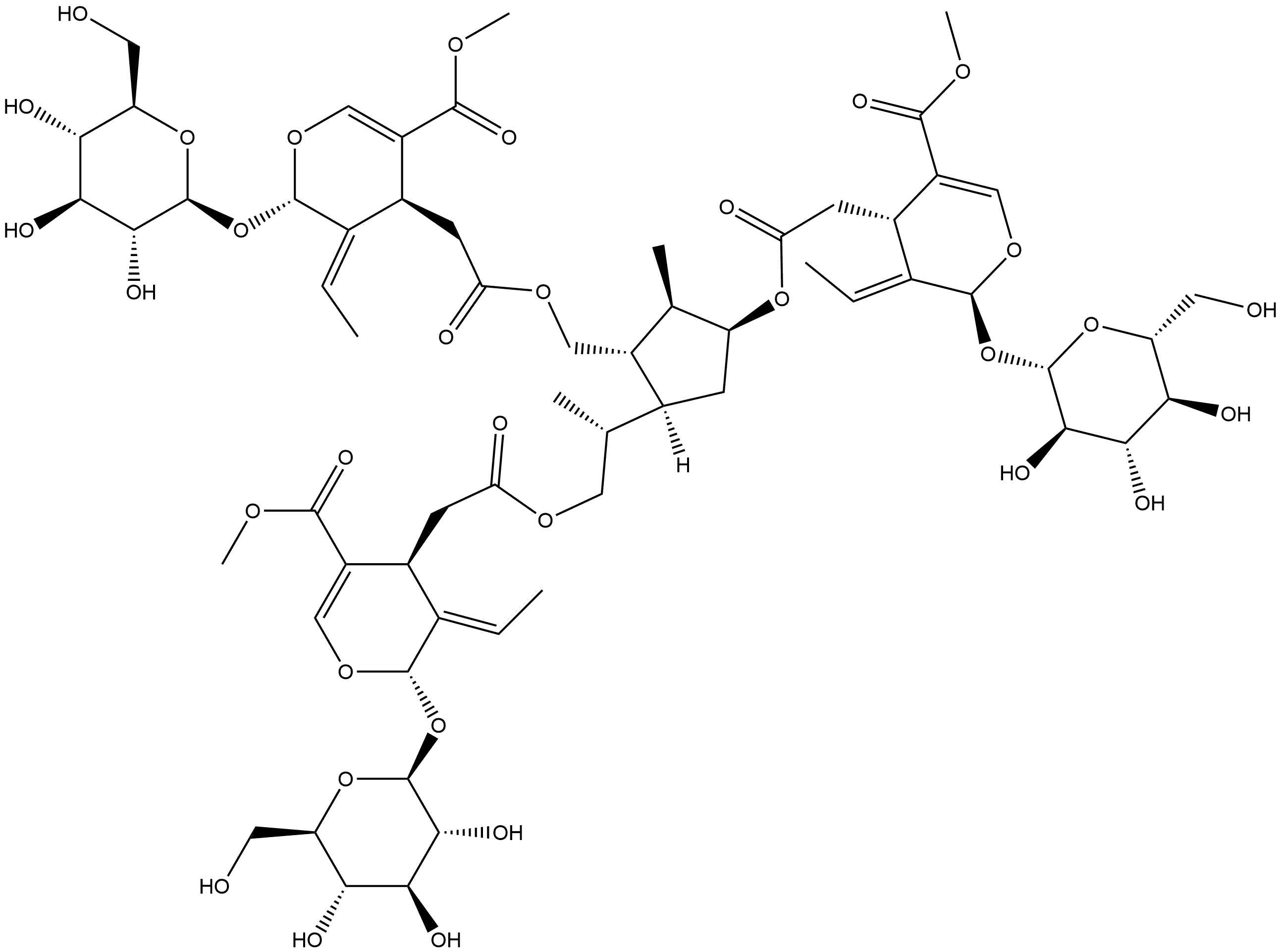 2H-Pyran-4-acetic acid, 3-ethylidene-2-(β-D-glucopyranosyloxy)-3,4-dihydro-5-(methoxycarbonyl)-, [(1S,2R,3S,5S)-3-[[[(2S,3E,4S)-3-ethylidene-2-(β-D-glucopyranosyloxy)-3,4-dihydro-5-(methoxycarbonyl)-2H-pyran-4-yl]acetyl]oxy]-5-[(1R)-2-[[[(2S,3E,4S)-3-ethylidene-2-(β-D-glucopyranosyloxy)-3,4-dihydro-5-(methoxycarbonyl)-2H-pyran-4-yl]acetyl]oxy]-1-methylethyl]-2-methylcyclopentyl]methyl ester, (2S,3E,4S)- Struktur