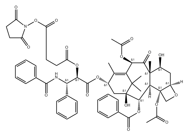 Butanedioic acid, 1-[(1R)-2-[[(2aR,4S,4aS,6R,9S,11S,12S,12aR,12bS)-6,12b-bis(acetyloxy)-12-(benzoyloxy)-2a,3,4,4a,5,6,9,10,11,12,12a,12b-dodecahydro-4,11-dihydroxy-4a,8,13,13-tetramethyl-5-oxo-7,11-methano-1H-cyclodeca[3,4]benz[1,2-b]oxet-9-yl]oxy]-1-[(S)-(benzoylamino)phenylmethyl]-2-oxoethyl] 4-(2,5-dioxo-1-pyrrolidinyl) ester Struktur