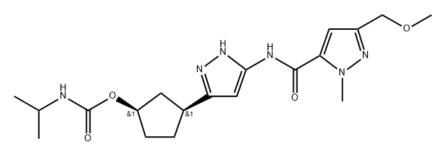 (1R,3S)-3-(5-(3-(甲氧基甲基)-1-甲基-1H-吡唑-5-甲酰胺基)-1H-吡唑-3-基)環(huán)戊基異丙基氨基甲酸酯 結構式