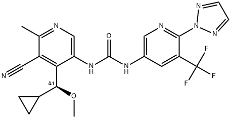 Urea, N-[5-cyano-4-[(S)-cyclopropylmethoxymethyl]-6-methyl-3-pyridinyl]-N'-[6-(2H-1,2,3-triazol-2-yl)-5-(trifluoromethyl)-3-pyridinyl]- Struktur