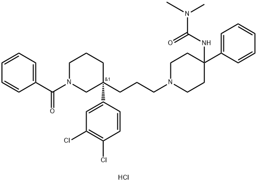 N1-[1-3-[(3R)-1-Benzoyl-3-(3-(3,4-dichlorophenyl)-3-piperidinyl]propyl]-4-phenyl-piperidinyl]-N,N-dimethylurea  hydrochloride Struktur