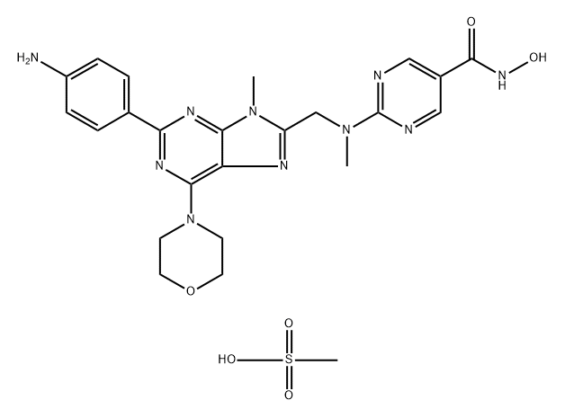 5-Pyrimidinecarboxamide, 2-[[[2-(4-aminophenyl)-9-methyl-6-(4-morpholinyl)-9H-purin-8-yl]methyl]methylamino]-N-hydroxy-, methanesulfonate (1:1) Structure