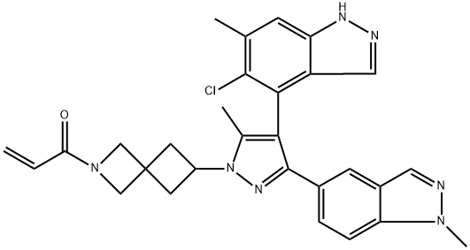 2-Propen-1-one, 1-[6-[(4S)-4-(5-chloro-6-methyl-1H-indazol-4-yl)-5-methyl-3-(1-methyl-1H-indazol-5-yl)-1H-pyrazol-1-yl]-2-azaspiro[3.3]hept-2-yl]- Struktur