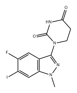 1-(5-fluoro-6-iodo-1-methyl-1H-indazol-3-yl)dihydropyrimidine-2,4(1H,3H)-dione Struktur