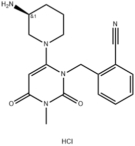 Benzonitrile, 2-[[6-[(3S)-3-amino-1-piperidinyl]-3,4-dihydro-3-methyl-2,4-dioxo-1(2H)-pyrimidinyl]methyl]-, hydrochloride (1:1) Struktur