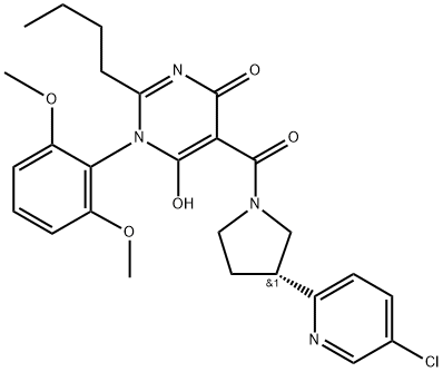 4(1H)-Pyrimidinone, 2-butyl-5-[[(3R)-3-(5-chloro-2-pyridinyl)-1-pyrrolidinyl]carbonyl]-1-(2,6-dimethoxyphenyl)-6-hydroxy- Struktur