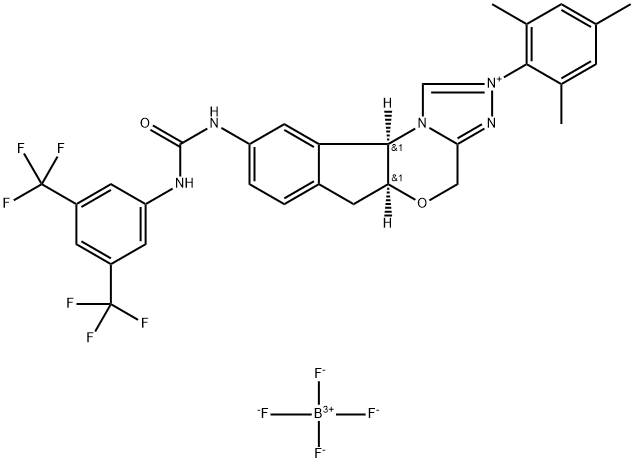 4H,6H-Indeno[2,1-b][1,2,4]triazolo[4,3-d][1,4]oxazinium, 9-[[[[3,5-bis(trifluoromethyl)phenyl]amino]carbonyl]amino]-5a,10b-dihydro-2-(2,4,6-trimethylphenyl)-, (5aS,10bR)-, tetrafluoroborate(1-) (1:1) Struktur