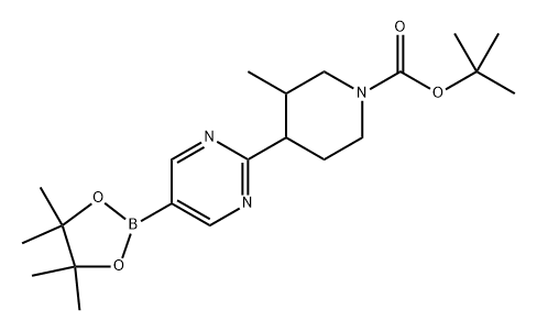 tert-butyl 3-methyl-4-(5-(4,4,5,5-tetramethyl-1,3,2-dioxaborolan-2-yl)pyrimidin-2-yl)piperidine-1-carboxylate Struktur