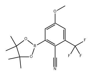 4-methoxy-2-(4,4,5,5-tetramethyl-1,3,2-dioxaborolan-2-yl)-6-(trifluoromethyl)benzonitrile Struktur