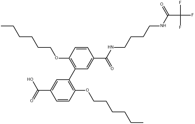 [1,1′-Biphenyl]-3-carboxylic acid, 2′,6-bis(hexyloxy)-5′-[[[4-[(2,2,2-trifluoroacetyl)amino]butyl]amino]carbonyl]- Struktur