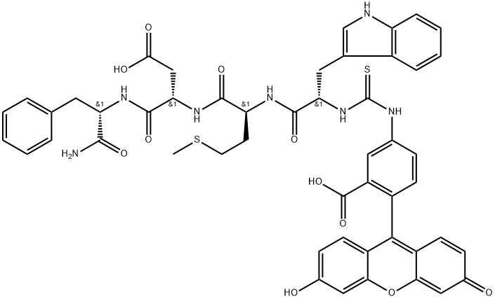 N-[[[3-Carboxy-4-(6-hydroxy-3-oxo-3H-xanthen-9-yl)phenyl]amino]thioxomethyl]-L-Trp-L-Met-L-Asp-Phe-NH2 Struktur