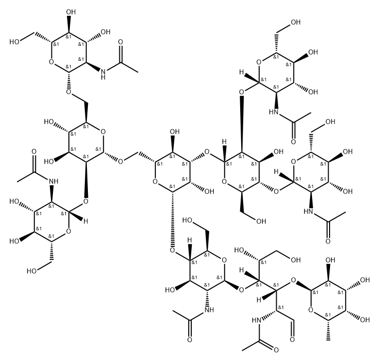 O-2-(Acetylamino)-2-deoxy-beta-D-glucopyranosyl-(1-2)-O-[2-(acetylamino)-2-deoxy-beta-D-glucopyranosyl-(1-4)]-O-alpha-D-mannopyranosyl-(1-3)-O-[O-2-(acetylamino)-2-deoxy-beta-D-glucopyranosyl-(1-2)-O-[2-(acetylamino)-2-deoxy-beta-D-glucopyranosyl-(1-6)]-alpha-D-mannopyranosyl-(1-6)]-O-beta-D-mannopyranosyl-(1-4)-O-2-(acetylamino)-2-deoxy-beta-D-glucopyranosyl-(1-4)-O-[6-deoxy-alpha-L-galactopyranosyl-(1-3)]-2-(acetylamino)-2-deoxy-D-glucose Struktur