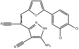 1H-Pyrazole-3-acetonitrile, 5-amino-4-cyano-α-[[5-(3,4-dichlorophenyl)-2-furanyl]methylene]- Struktur