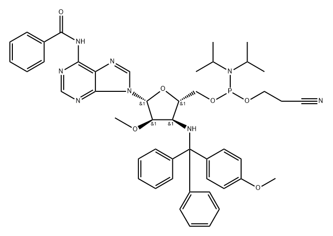 Adenosine, N-?benzoyl-?3'-?deoxy-?3'-?[[(4-?methoxyphenyl)?diphenylmethyl]?amino]?-?2'-?O-?methyl-?, 5'-?[2-?cyanoethyl bis(1-?methylethyl)?phosphoramidite] (9CI) Struktur