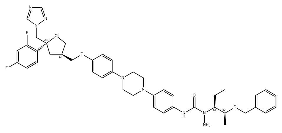 2,5-anhydro-4-{[4-(4-{4-[({1-[(2S,3S)-2-(benzyloxy)pentan-3-yl]hydrazino}carbonyl)amino]phenyl}piperazin1-yl)phenoxy]methyl}-1,3,4-trideoxy-2-(2,4-difluorophenyl)-1-(1H-1,2,4-triazol-1-yl)- Struktur