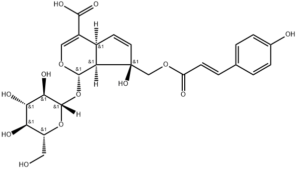 (1S)-1α-(β-D-Glucopyranosyloxy)-1,4aα,7,7aα-tetrahydro-7β-hydroxy-7-[[[(E)-3-(4-hydroxyphenyl)-1-oxo-2-propenyl]oxy]methyl]cyclopenta[c]pyran-4-carboxylic acid Struktur