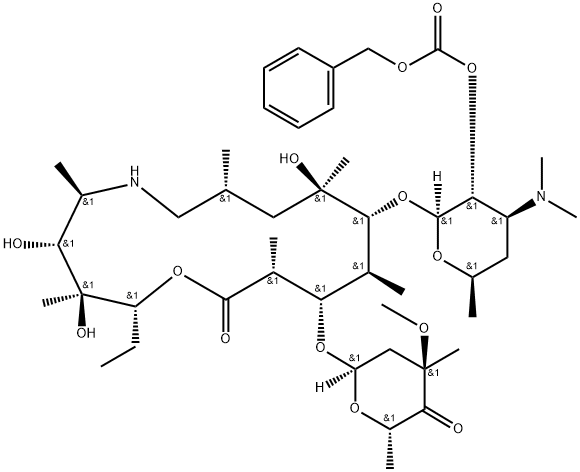 1-Oxa-6-azacyclopentadecan-15-one, 13-[(2,6-dideoxy-3-C-methyl-3-O-methyl-α-L-erythro-hexopyranos-4-ulos-1-yl)oxy]-2-ethyl-3,4,10-trihydroxy-3,5,8,10,12,14-hexamethyl-11-[[3,4,6-trideoxy-3-(dimethylamino)-2-O-[(phenylmethoxy)carbonyl]-β-D-xylo-hexopyranosyl]oxy]-, (2R,3S,4R,5R,8R,10R,11R,12S,13S,14R)- Struktur