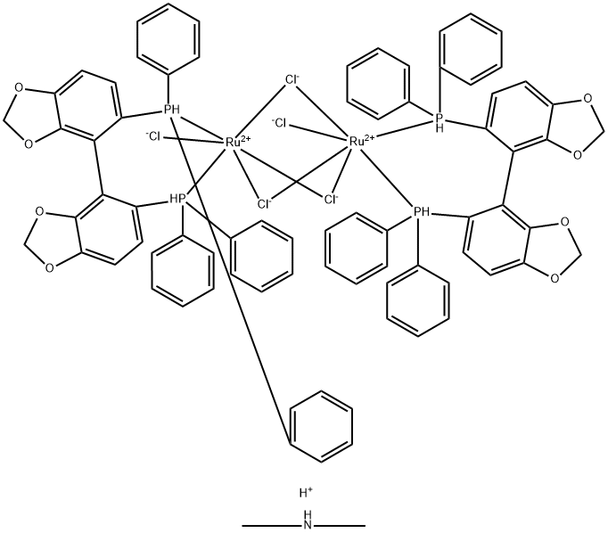 Dimethylammoniumdichlorotri(mu-chloro)bis[(S)-(-)-5,5'-bis(diphenylphosphino)-4,4'-bi-1,3-benzodioxole]diruthenate(II) Struktur