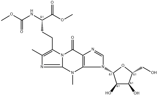 3H-Imidazo[1,2-a]purine-7-butanoic acid, 4,9-dihydro-α-[(methoxycarbonyl)amino]-4,6-dimethyl-9-oxo-3-β-D-ribofuranosyl-, methyl ester, (αS)- Struktur