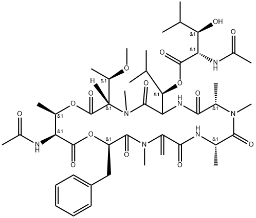 L-Threonine, N-acetyl-L-threonyl-(αR)-α-hydroxybenzenepropanoyl-2,3-didehydro-N-methylalanyl-L-alanyl-N-methyl-L-alanyl-(3R)-3-[[(2S,3R)-2-(acetylamino)-3-hydroxy-4-methyl-1-oxopentyl]oxy]-L-leucyl-N,O-dimethyl-, (7→1)-lactone Struktur