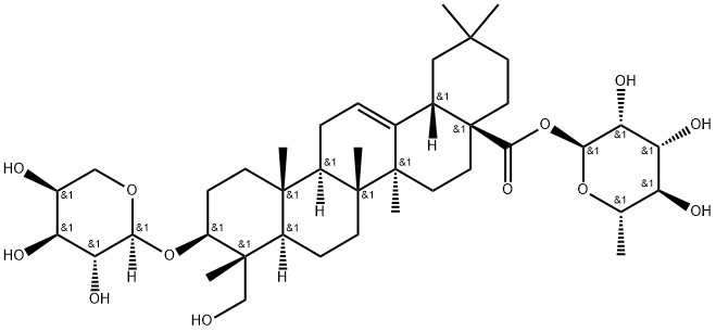 Olean-12-en-28-oic acid, 3-(α-L-arabinopyranosyloxy)-23-hydroxy-, 6-deoxy-α-L-mannopyranosyl ester, (3β,4α)- Struktur