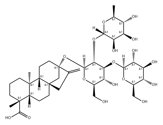 Kaur-16-en-18-oic acid, 13-[(O-6-deoxy-α-L-mannopyranosyl-(1→2)-O-[β-D-glucopyranosyl-(1→3)]-β-D-glucopyranosyl)oxy]-, (4α)- Struktur