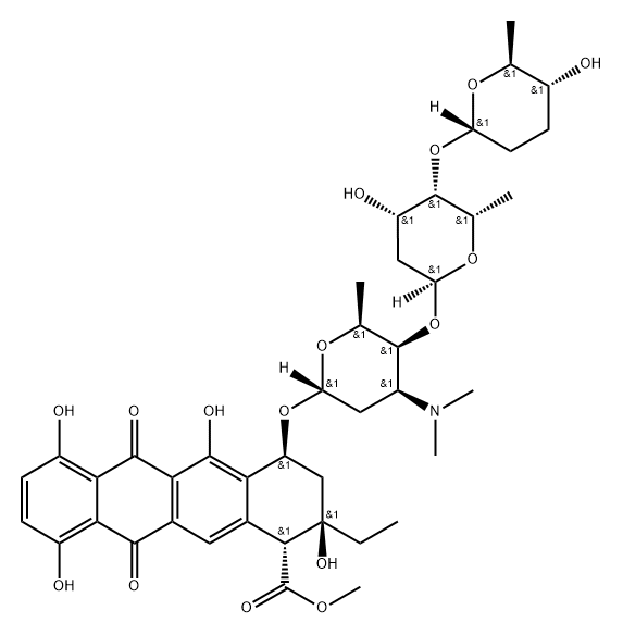 1-Naphthacenecarboxylic acid, 2-ethyl-1,2,3,4,6,11-hexahydro-2,5,7,10-tetrahydroxy-6,11-dioxo-4-[[2,3,6-trideoxy-4-O-[2,6-dideoxy-4-O-[(2S,5R,6S)-tetrahydro-5-hydroxy-6-methyl-2H-pyran-2-yl]-α-L-lyxo-hexopyranosyl]-3-(dimethylamino)-α-L-lyxo-hexopyranosyl]oxy]-, methyl ester, (1R,2R,4S)- Struktur