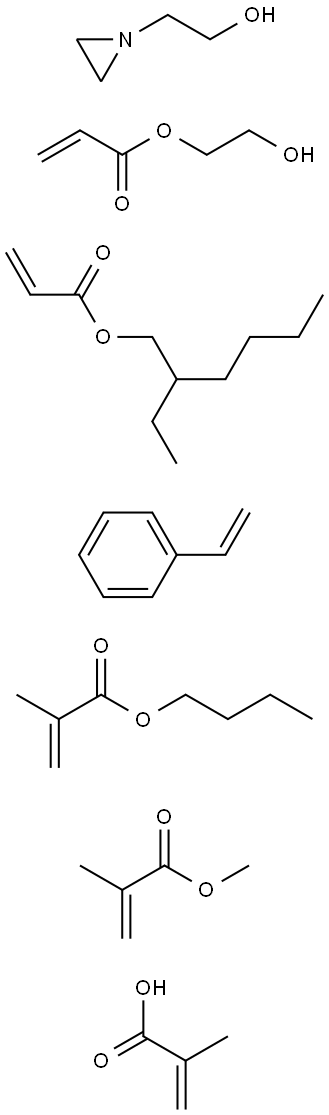 2-Propenoic acid, 2-methyl-, polymer with butyl 2-methyl-2-propenoate, ethenylbenzene, 2-ethylhexyl 2-propenoate, 2-hydroxyethyl 2-propenoate and methyl 2-methyl-2-propenoate, 1-aziridineethanol-terminated Struktur