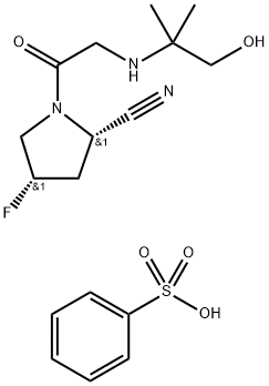 2-Pyrrolidinecarbonitrile, 4-fluoro-1-[2-[(2-hydroxy-1,1-dimethylethyl)amino]acetyl]-, (2S,4S)-, benzenesulfonate (1:1) Struktur