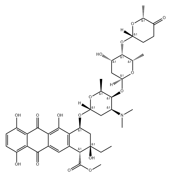 1-Naphthacenecarboxylic acid, 2-ethyl-1,2,3,4,6,11-hexahydro-2,5,7,10-tetrahydroxy-6,11-dioxo-4-[[2,3,6-trideoxy-4-O-[2,6-dideoxy-4-O-[(2R-cis)-tetrahydro-6-methyl-5-oxo-2H-pyran-2-yl]-α-L-lyxo-hexopyranosyl]-3-(dimethylamino)-α-L-lyxo-hexopyranosyl]oxy]-, methyl ester, [1R-(1α,2β,4β)]- (9CI) Struktur