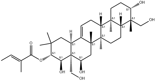 Olean-12-ene-3,16,21,22,23,28-hexol, 21-[(2E)-2-methyl-2-butenoate], (3β,4β,16α,21β,22α)- Struktur