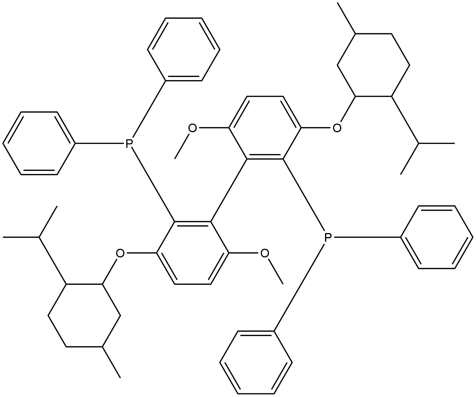 ((1S)-3,3'-Bis(((1R,2S,5R)-2-isopropyl-5-methylcyclohexyl)oxy)-6,6'-dimethoxy-[1,1'-biphenyl]-2,2'-diyl)bis(diphenylphosphine) Struktur