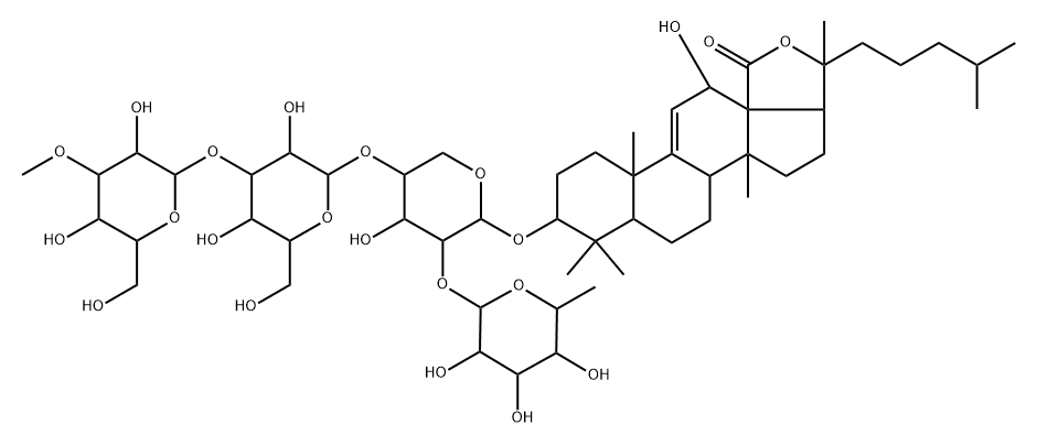 Lanost-9(11)-en-18-oic acid, 3-[(O-6-deoxy-β-D-glucopyranosyl-(1→2)-O-[O-3-O-methyl-β-D-glucopyranosyl-(1→3)-β-D-glucopyranosyl-(1→4)]-β-D-xylopyranosyl)oxy]-12,20-dihydroxy-, γ-lactone, (3β,12α)- (9CI) Struktur