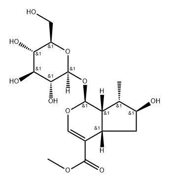 Cyclopenta[c]pyran-4-carboxylic acid, 1-(β-D-glucopyranosyloxy)-1,4a,5,6,7,7a-hexahydro-6-hydroxy-7-methyl-, methyl ester, (1S,4aS,6S,7S,7aS)- Struktur