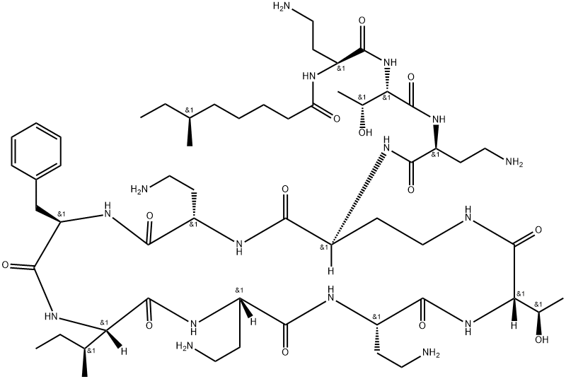 L-Threonine, (2S)-4-amino-2-[[(6S)-6-methyl-1-oxooctyl]amino]butanoyl-L-threonyl-(2S)-2,4-diaminobutanoyl-(2S)-2,4-diaminobutanoyl-(2S)-2,4-diaminobutanoyl-D-phenylalanyl-L-isoleucyl-(2S)-2,4-diaminobutanoyl-(2S)-2,4-diaminobutanoyl-, (10→4)-lactam Struktur