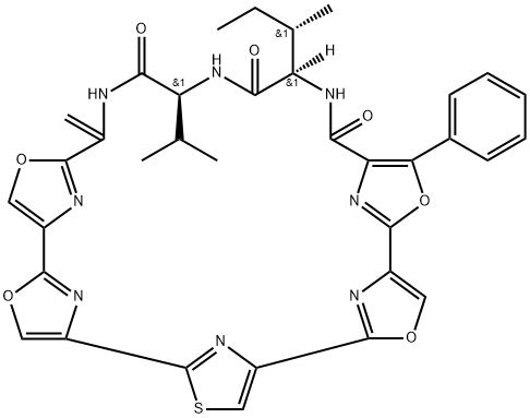 Cyclo[D-alloisoleucyl-L-valyl-2'-[2-[2'-(1-aminoethenyl)[2,4'-bioxazol]-4-yl]-4-thiazolyl]-5-phenyl[2,4'-bioxazole]-4-carbonyl] Struktur