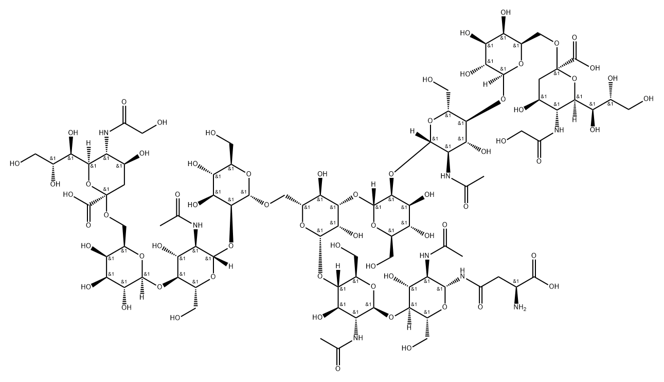 L-Asparagine, N-[O-[N-(hydroxyacetyl)-α-neuraminosyl]-(2→6)-O-β-D-galactopyranosyl-(1→4)-O-2-(acetylamino)-2-deoxy-β-D-glucopyranosyl-(1→2)-O-α-D-mannopyranosyl-(1→3)-O-[O-[N-(hydroxyacetyl)-α-neuraminosyl]-(2→6)-O-β-D-galactopyranosyl-(1→4)-O-2-(acetylamino)-2-deoxy-β-D-glucopyranosyl-(1→2)-α-D-mannopyranosyl-(1→6)]-O-β-D-mannopyranosyl-(1→4)-O-2-(acetylamino)-2-deoxy-β-D-glucopyranosyl-(1→4)-2-(acetylamino)-2-deoxy-β-D-glucopyranosyl]- Struktur