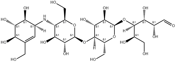 D-Glucose, O-4-deoxy-4-[[(1S,4R,5S,6S)-4,5,6-trihydroxy-3-(hydroxymethyl)-2-cyclohexen-1-yl]amino]-α-D-glucopyranosyl-(1→4)-O-α-D-glucopyranosyl-(1→4)- Struktur