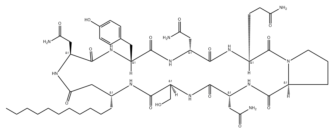 シクロ[D-Tyr-D-Asp(NH2)-L-Glu(NH2)-L-Pro-D-Asp(NH2)-L-Ser-3-ウンデシル-βAla-L-Asp(NH2)-] 化學構(gòu)造式