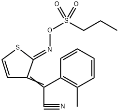 Benzeneacetonitrile, 2-methyl-α-[2-[[(propylsulfonyl)oxy]imino]-3(2H)-thienylidene]- Struktur