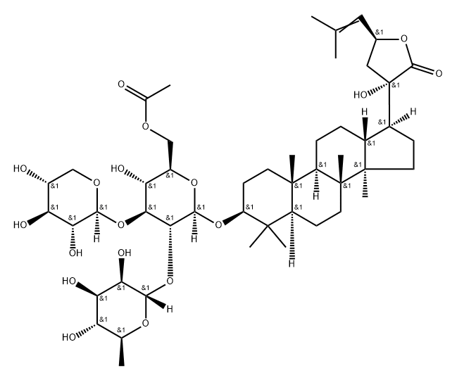 Dammar-24-en-21-oic acid, 3-[(O-6-deoxy-α-L-mannopyranosyl-(1→2)-O-[β-D-xylopyranosyl-(1→3)]-6-O-acetyl-β-D-glucopyranosyl)oxy]-20,23-dihydroxy-, γ-lactone, (3β,23S)- Struktur