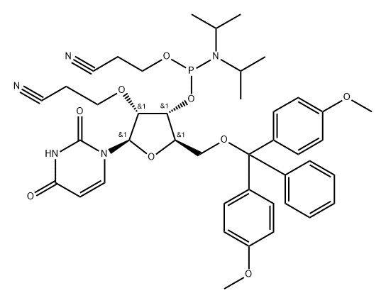 Uridine, 5'-O-[bis(4-methoxyphenyl)phenylmethyl]-2'-O-(2-cyanoethyl)-, 3'-[2-cyanoethyl N,N-bis(1-methylethyl)phosphoramidite] Struktur