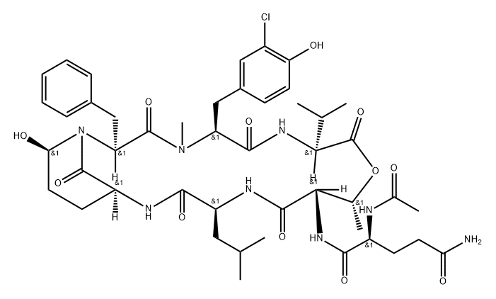 L-Valine, N2-acetyl-L-glutaminyl-L-threonyl-L-leucyl-(αS,3S,6R)-3-amino-6-hydroxy-2-oxo-α-(phenylmethyl)-1-piperidineacetyl-3-chloro-N-methyl-L-tyrosyl-, (6→2)-lactone Struktur