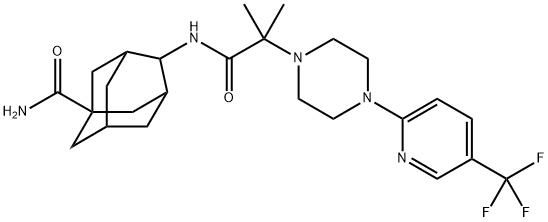 1-Piperazineacetamide, N-[5-(aminocarbonyl)tricyclo[3.3.1.13,7]dec-2-yl]-α,α-dimethyl-4-[5-(trifluoromethyl)-2-pyridinyl]-, stereoisomer Struktur